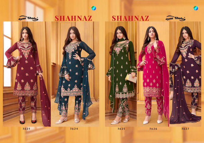 Y.C Shahnaz Ltaest Designer Wedding Wear Blooming Georgette Embroidery Work Top With Bottom With Najnin Dupatta Salwar Suits Collection